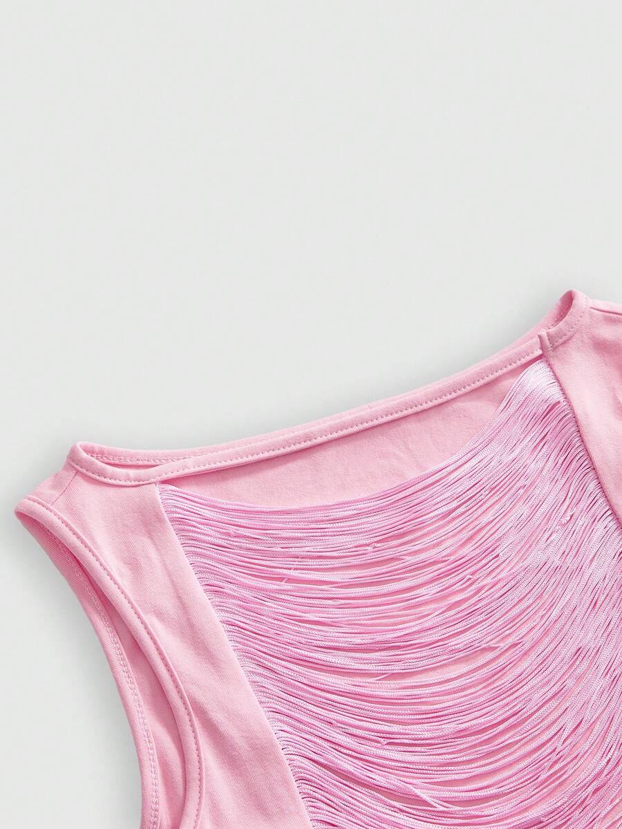 Front view of women's round neck slim fit cotton knit camisole featuring fringe ripped hollow-out detailing.