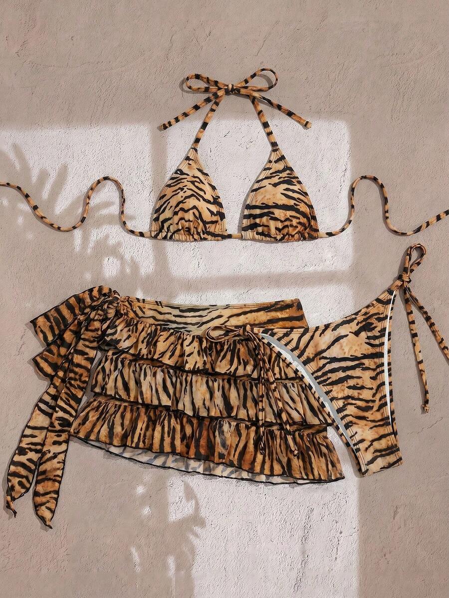 Brown 3-piece halter bikini swimwear set for women featuring a triangle cup wireless top, tie-side bottoms, and a matching textured mesh mini skirt.