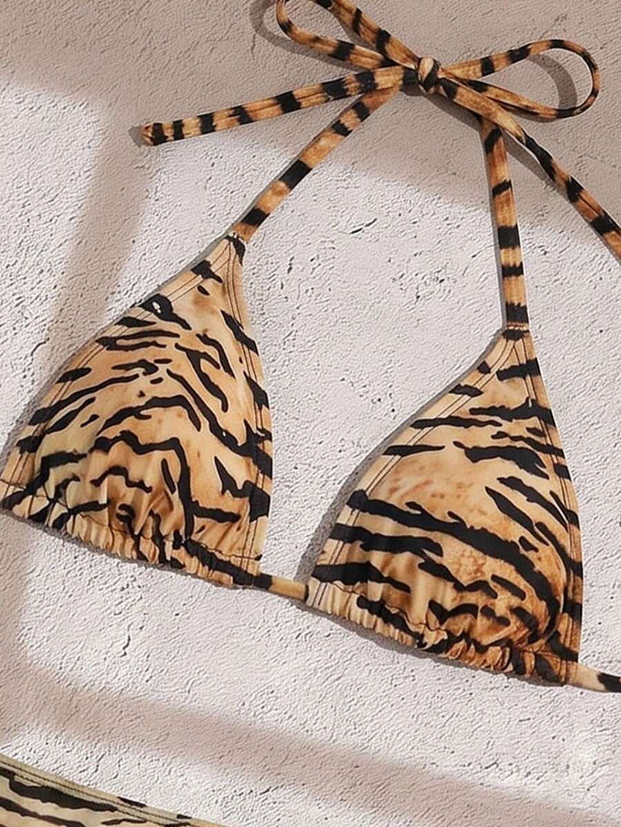 Brown 3-piece halter bikini swimwear set for women featuring a triangle cup wireless top, tie-side bottoms, and a matching textured mesh mini skirt.
