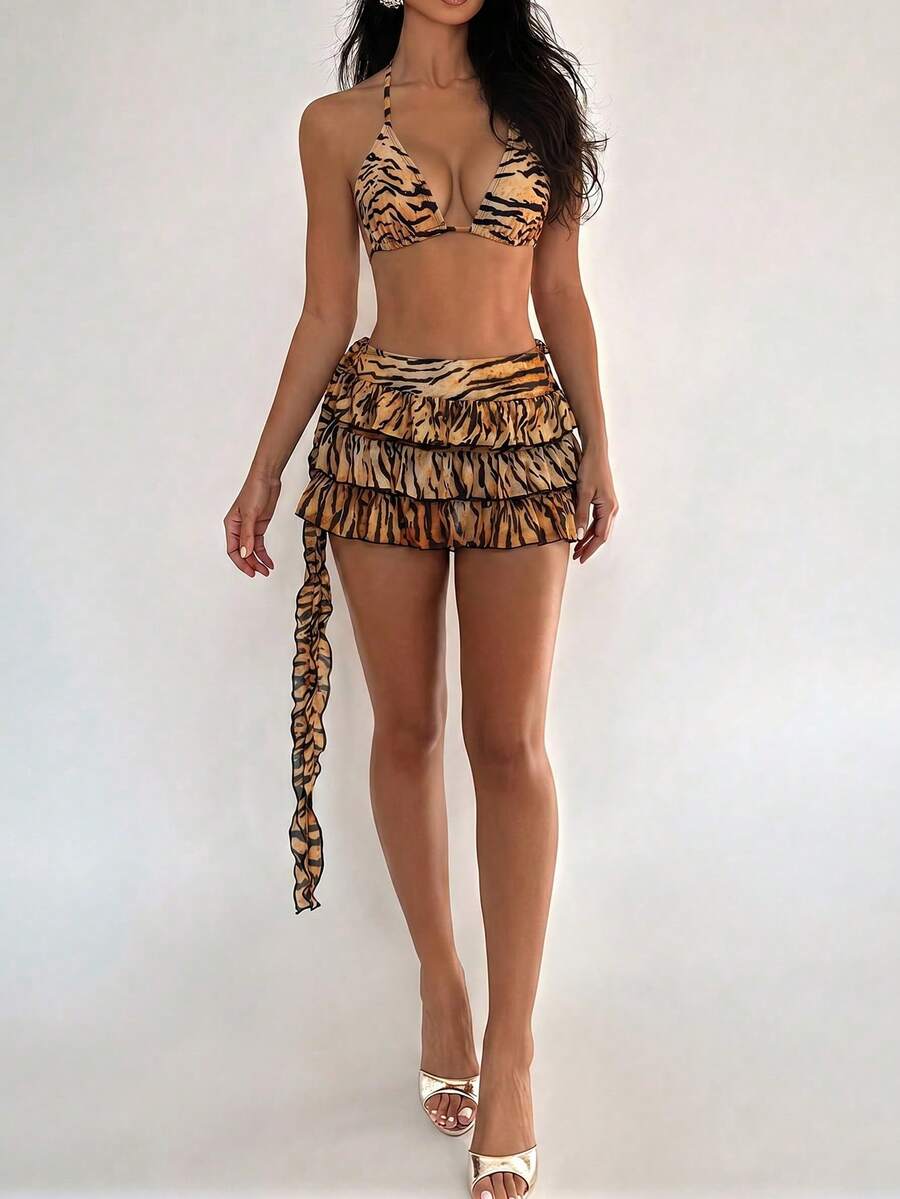 Brown 3-piece halter bikini swimwear set for women featuring a triangle cup wireless top, tie-side bottoms, and a matching textured mesh mini skirt.