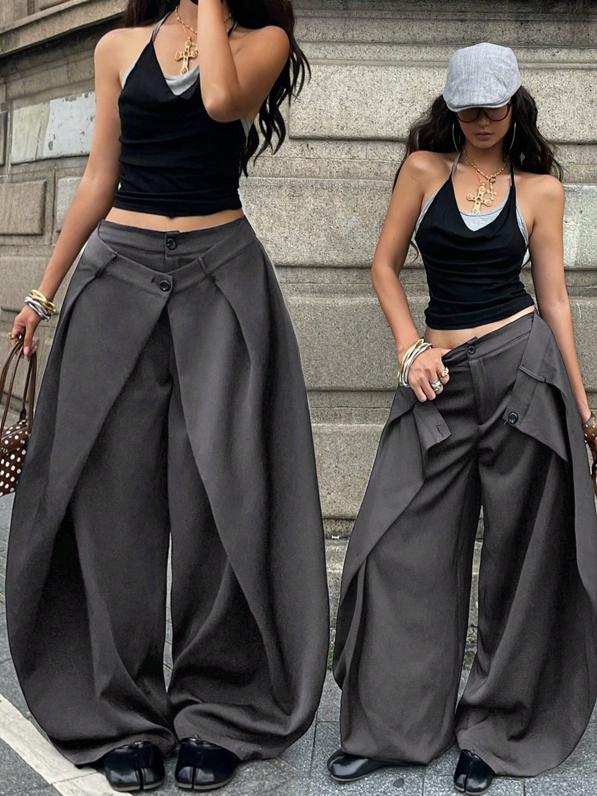 Women's loose fit pleated wide leg pants in royal blue pinstripe woven fabric with zipper fly closure.