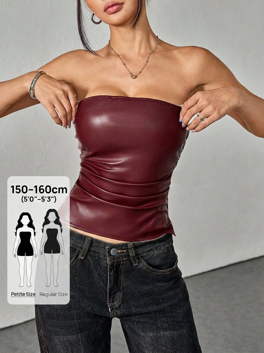 Petite women's burgundy PU leather strapless crop tube top featuring ruched details.