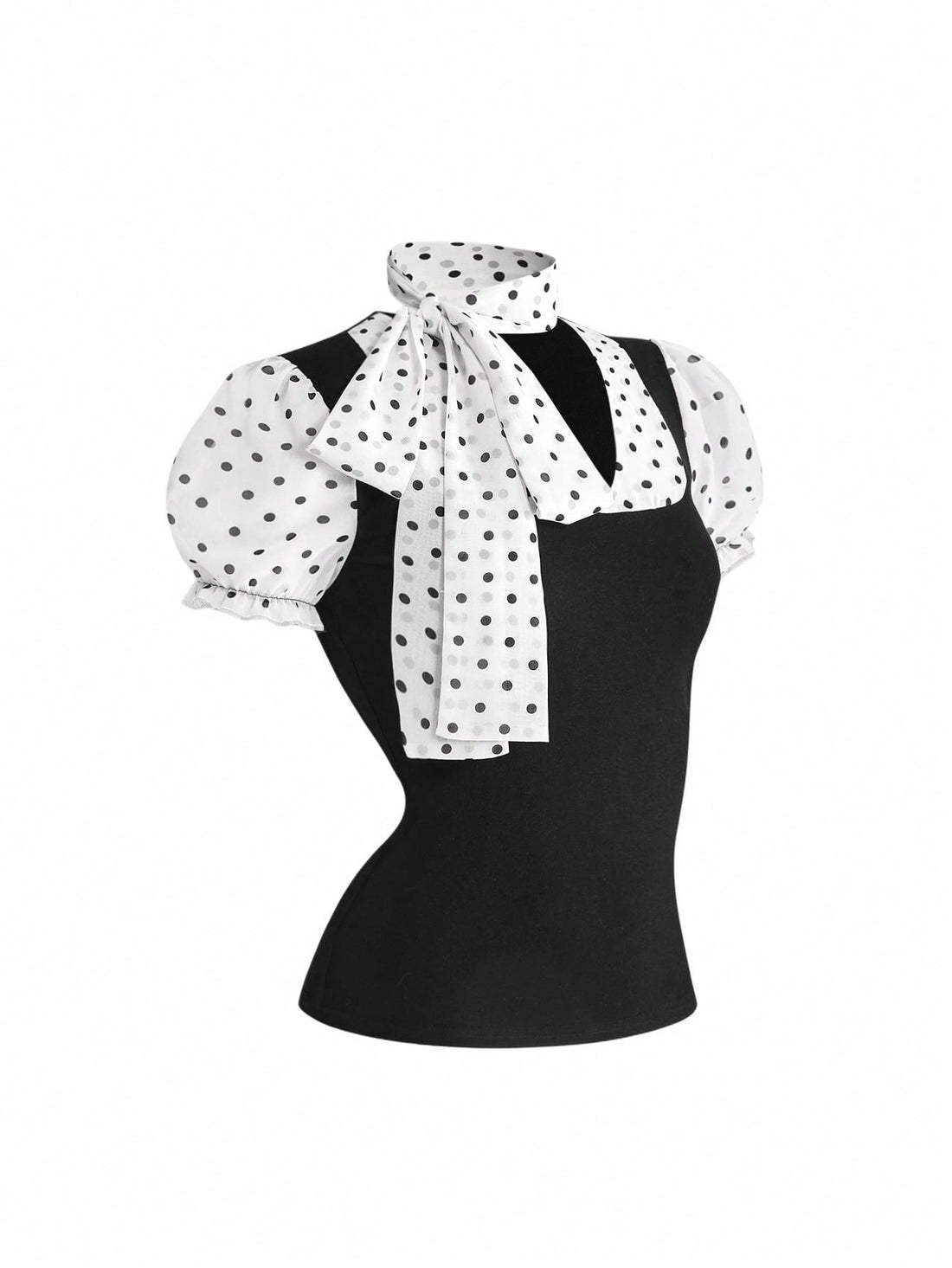 Women's black short puff sleeve graphic print t-shirt featuring a sweetheart neckline and knot detail.