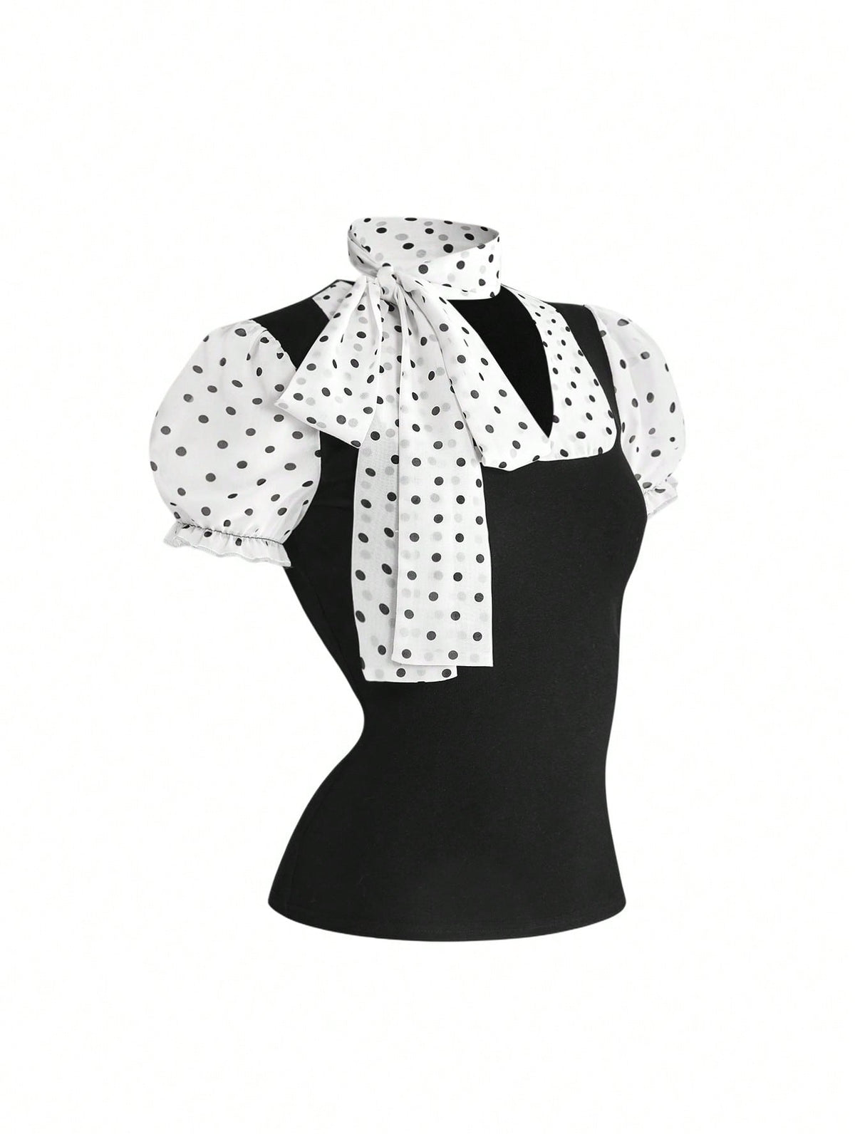 Women's black short puff sleeve graphic print t-shirt featuring a sweetheart neckline and knot detail.