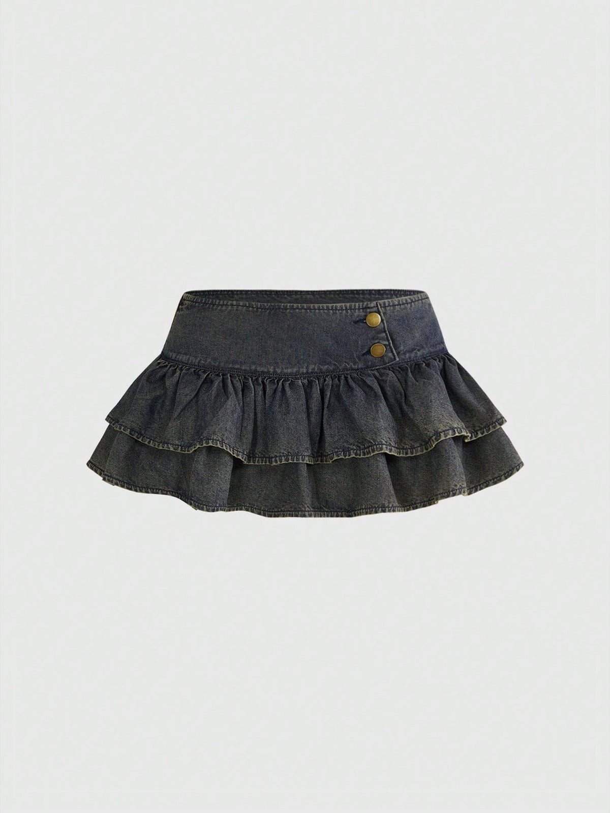Y2K ultra low waist mini skirt with tiered layer detail, ruffle hem, zipper closure, straight silhouette, and fabric.