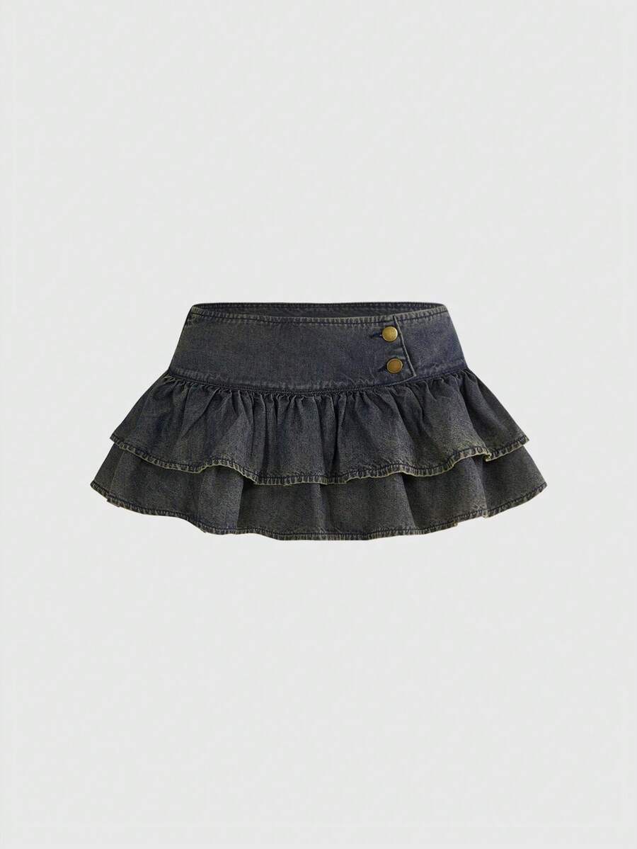 Y2K ultra low waist mini skirt with tiered layer detail, ruffle hem, zipper closure, straight silhouette, and fabric.