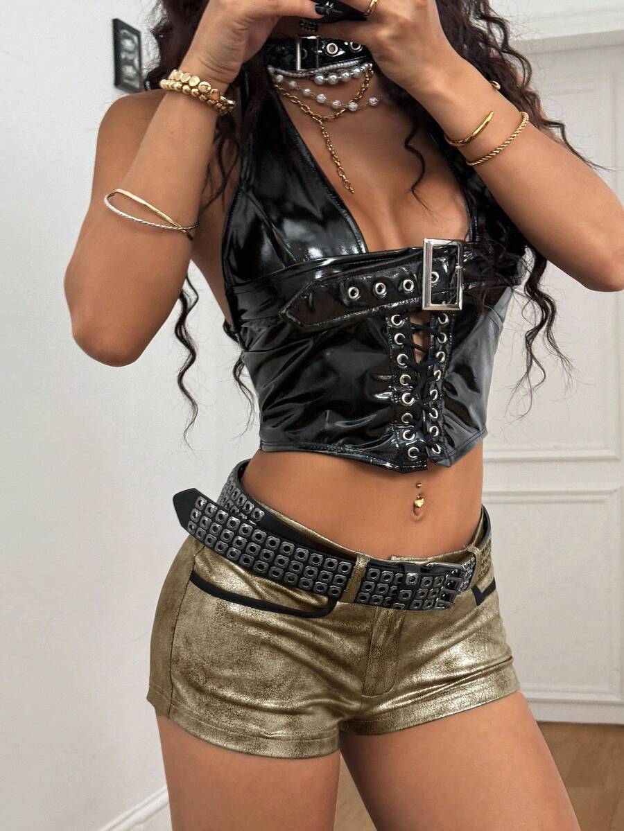 Women's metallic sequin ultra low waist mini shorts with zipper fly, grommet eyelet accents, straight leg cut, and skinny fit for party, concert, festival, and night out styling.