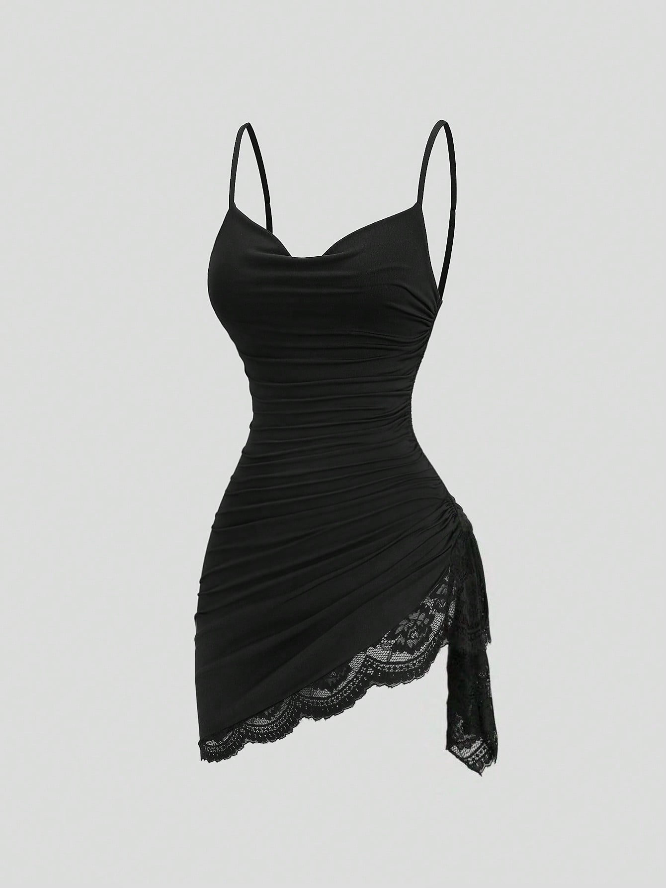 Women's short cami dress with cowl neck, spaghetti straps, contrast lace patchwork, pleated detail, and asymmetrical hem