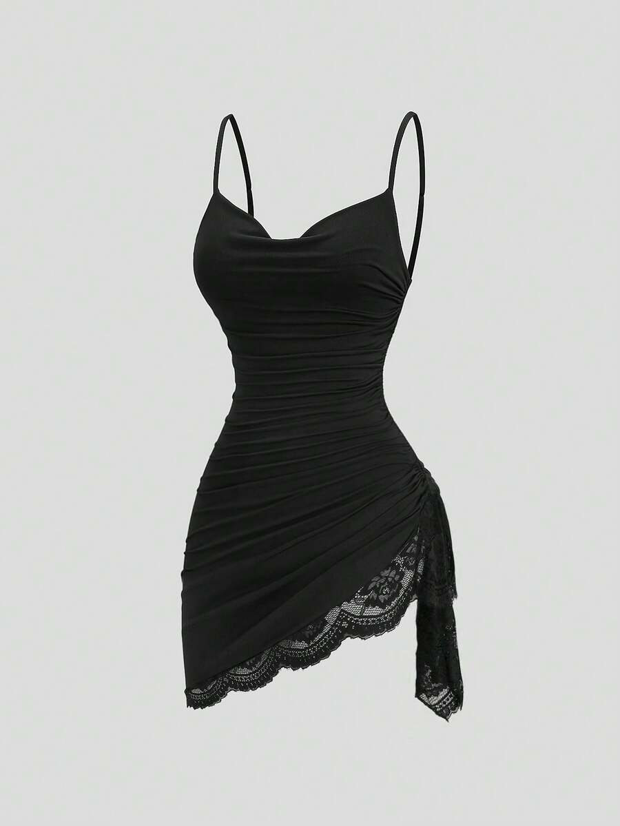 Women's short cami dress with cowl neck, spaghetti straps, contrast lace patchwork, pleated detail, and asymmetrical hem