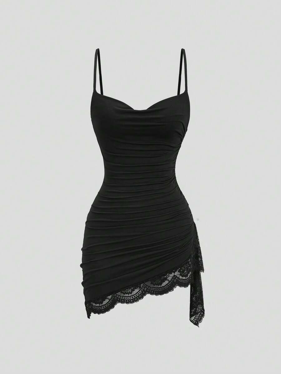 Women's short cami dress with cowl neck, spaghetti straps, contrast lace patchwork, pleated detail, and asymmetrical hem