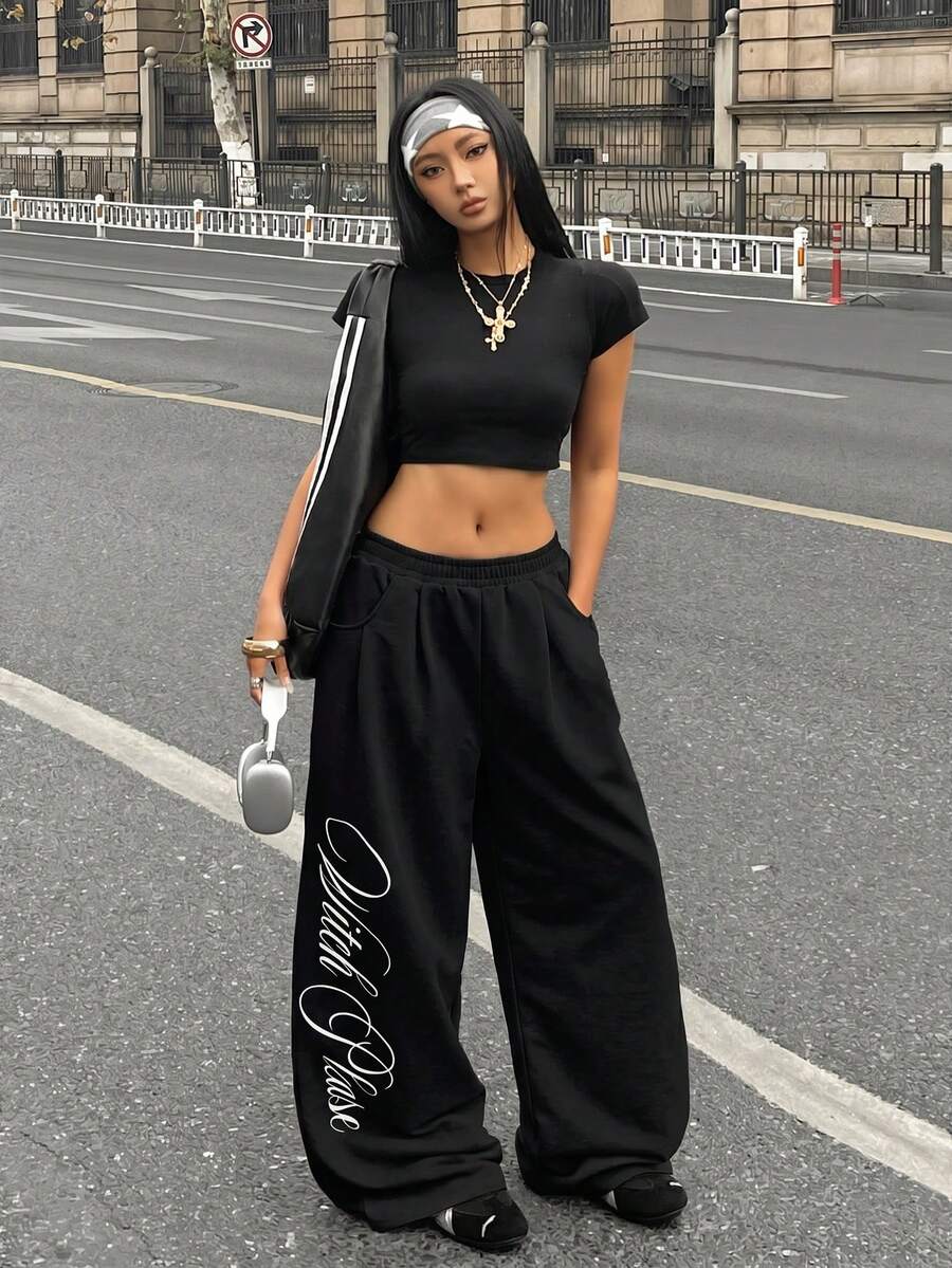 Women's loose straight leg casual pants with drawstring elastic waist and pockets