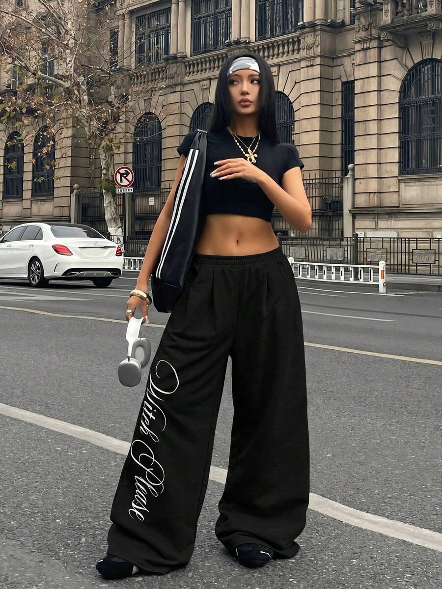 Women's loose straight leg casual pants with drawstring elastic waist and pockets
