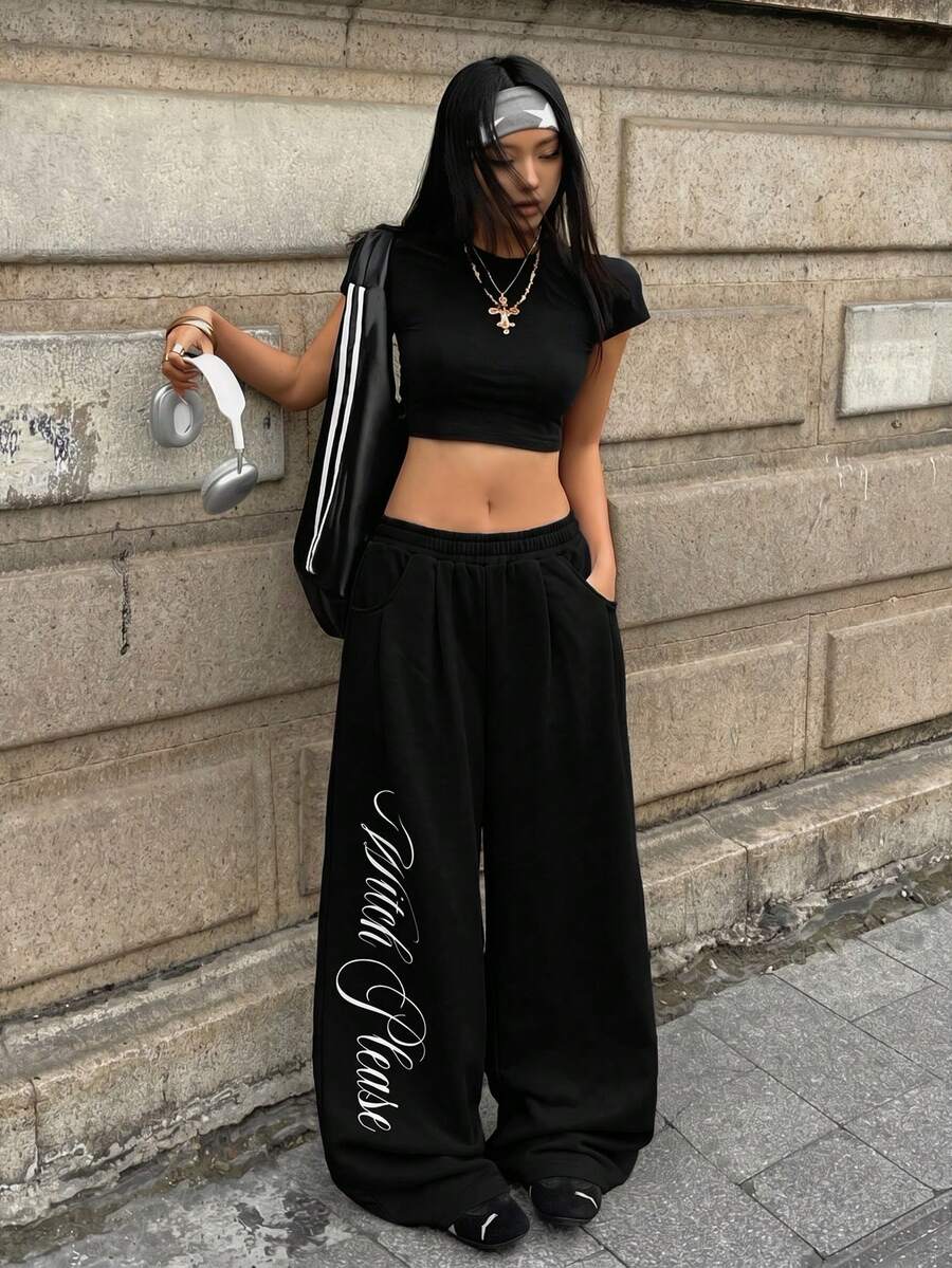 Women's loose straight leg casual pants with drawstring elastic waist and pockets