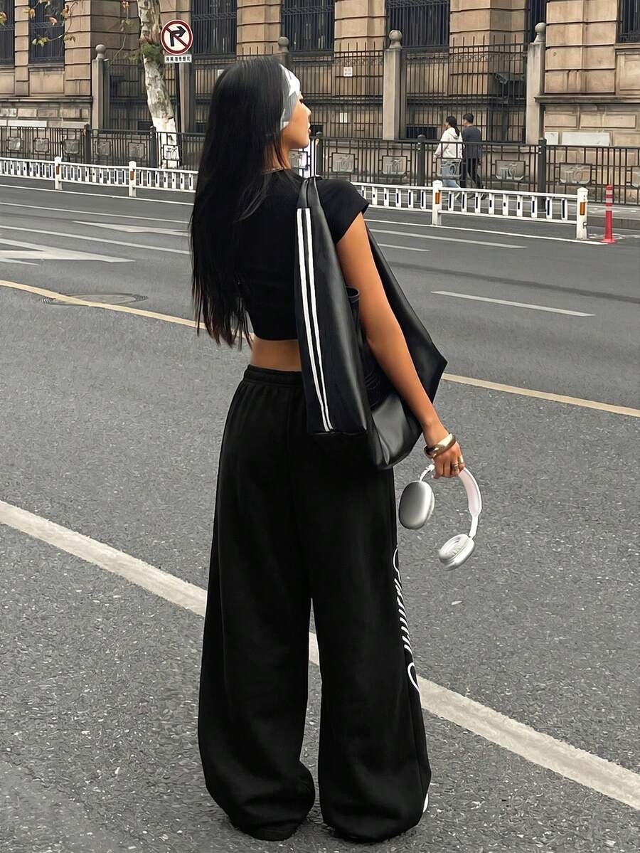 Women's loose straight leg casual pants with drawstring elastic waist and pockets