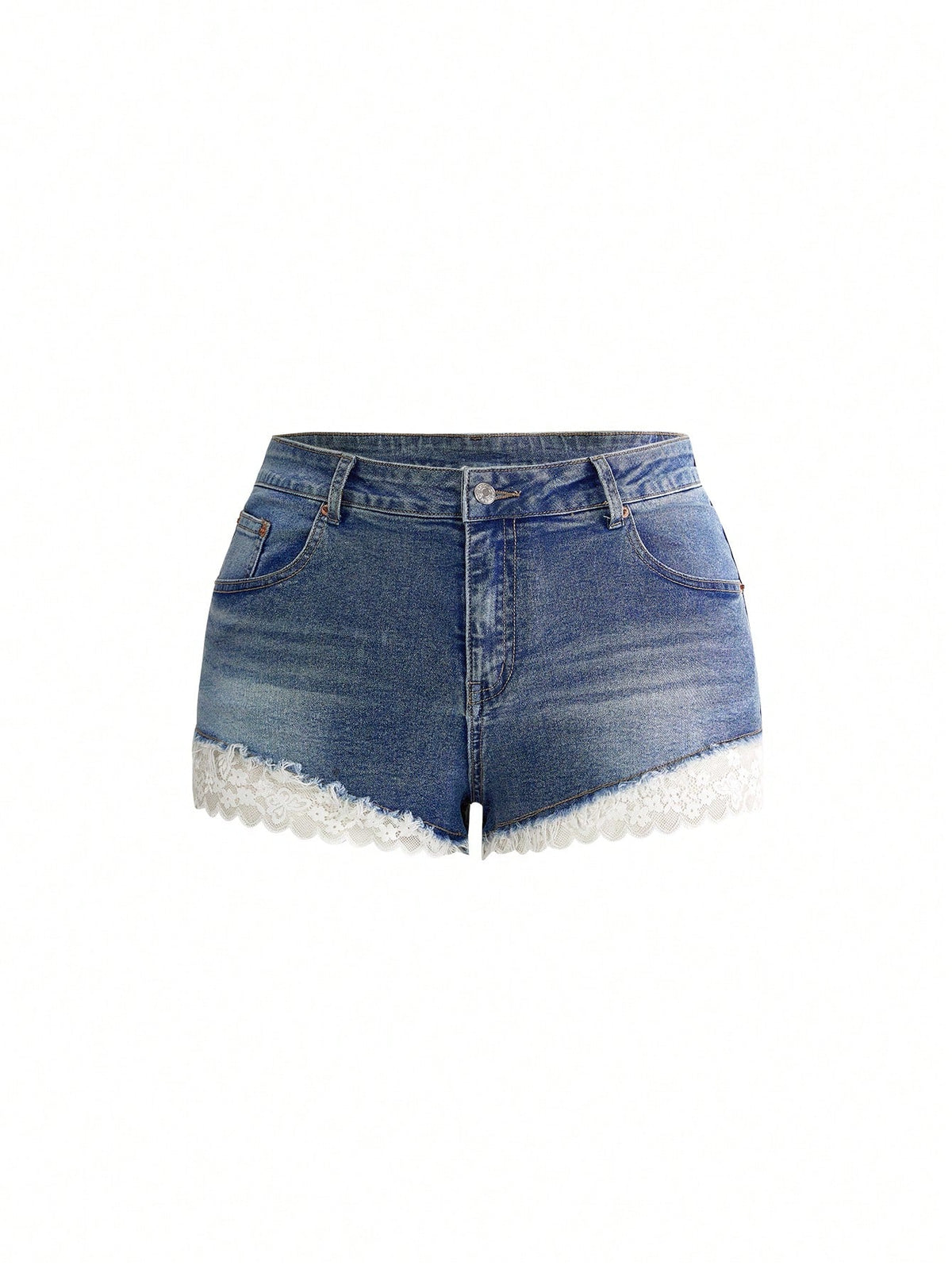 Front view of women's plus size skinny denim shorts featuring lace patchwork detailing, mid-rise waist, button zipper closure, and classic pockets.