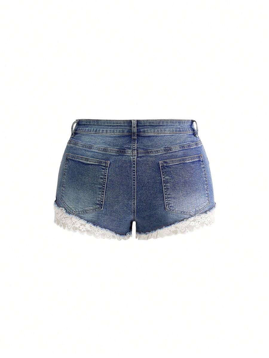Front view of women's plus size skinny denim shorts featuring lace patchwork detailing, mid-rise waist, button zipper closure, and classic pockets.