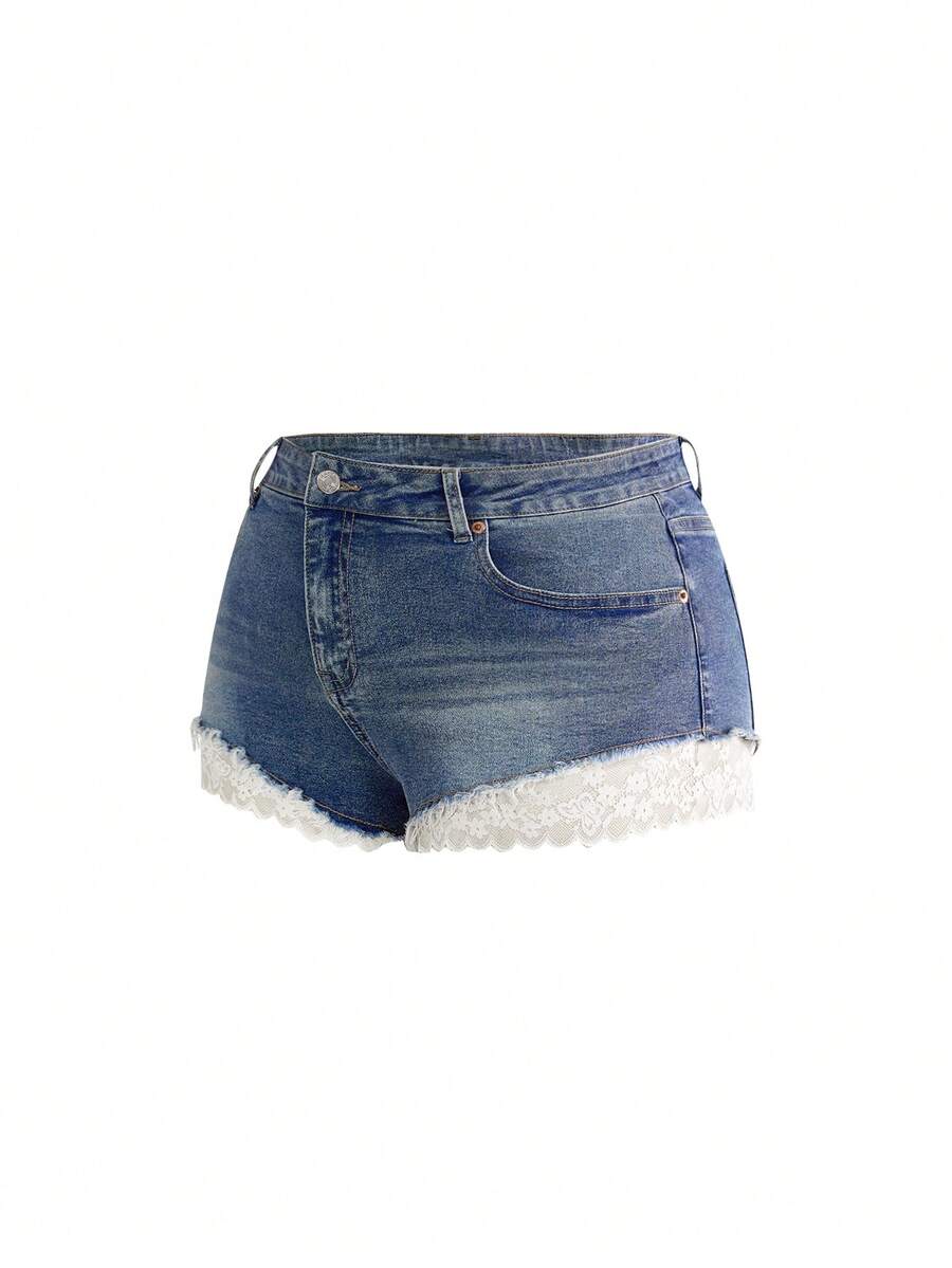 Front view of women's plus size skinny denim shorts featuring lace patchwork detailing, mid-rise waist, button zipper closure, and classic pockets.