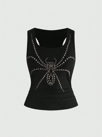 Black scoop neck slim fit tank top with exaggerated spider rhinestone detailing.