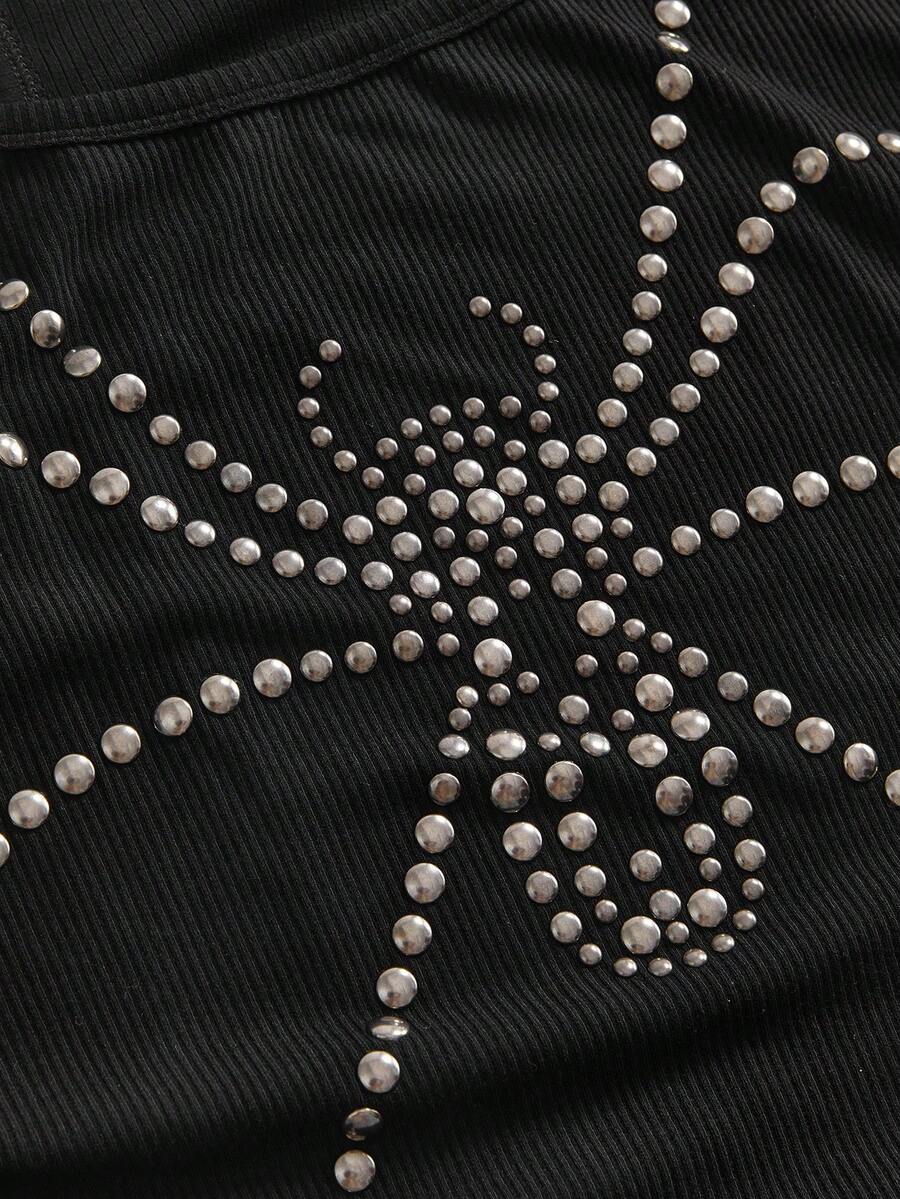 Black scoop neck slim fit tank top with exaggerated spider rhinestone detailing.