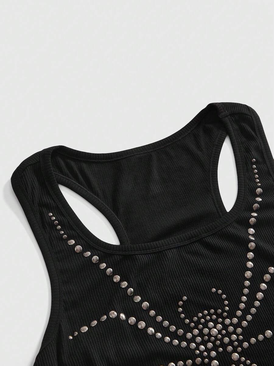 Black scoop neck slim fit tank top with exaggerated spider rhinestone detailing.