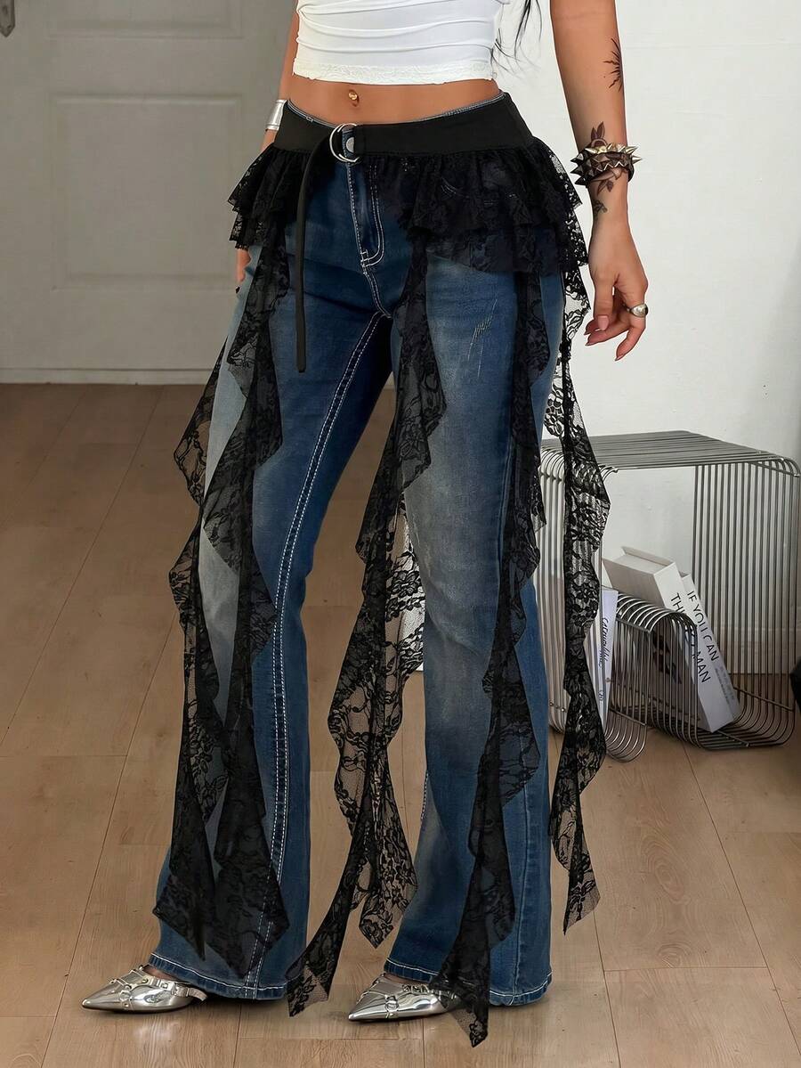 Women's black semi-sheer lace asymmetrical skirt with fringe details, contrast lace, low waist, and ruffle hem for beach, party, concert, or festival outfits.