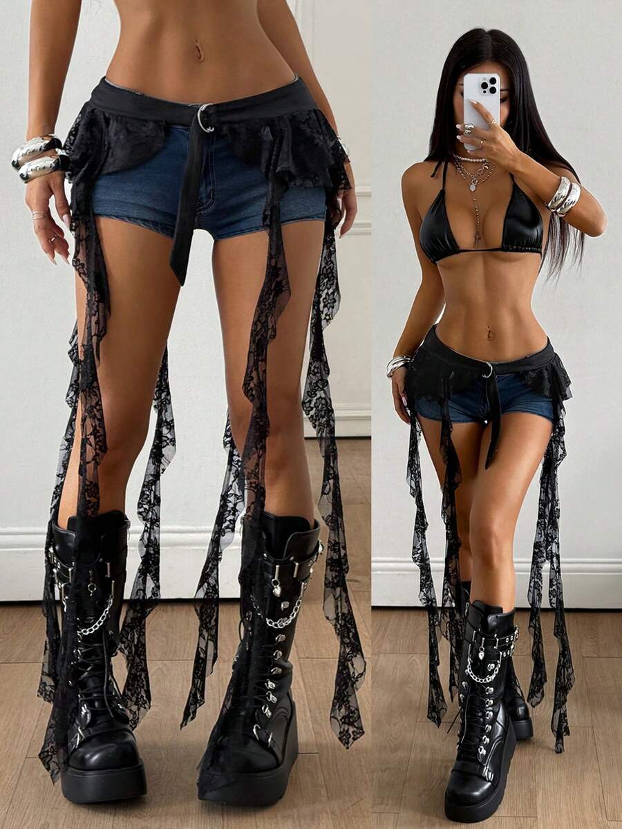 Women's black semi-sheer lace asymmetrical skirt with fringe details, contrast lace, low waist, and ruffle hem for beach, party, concert, or festival outfits.