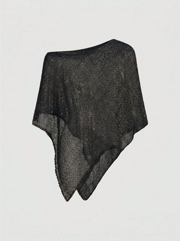 Women's casual hollow knit poncho top with boat neck, cloak sleeves, and asymmetrical hem