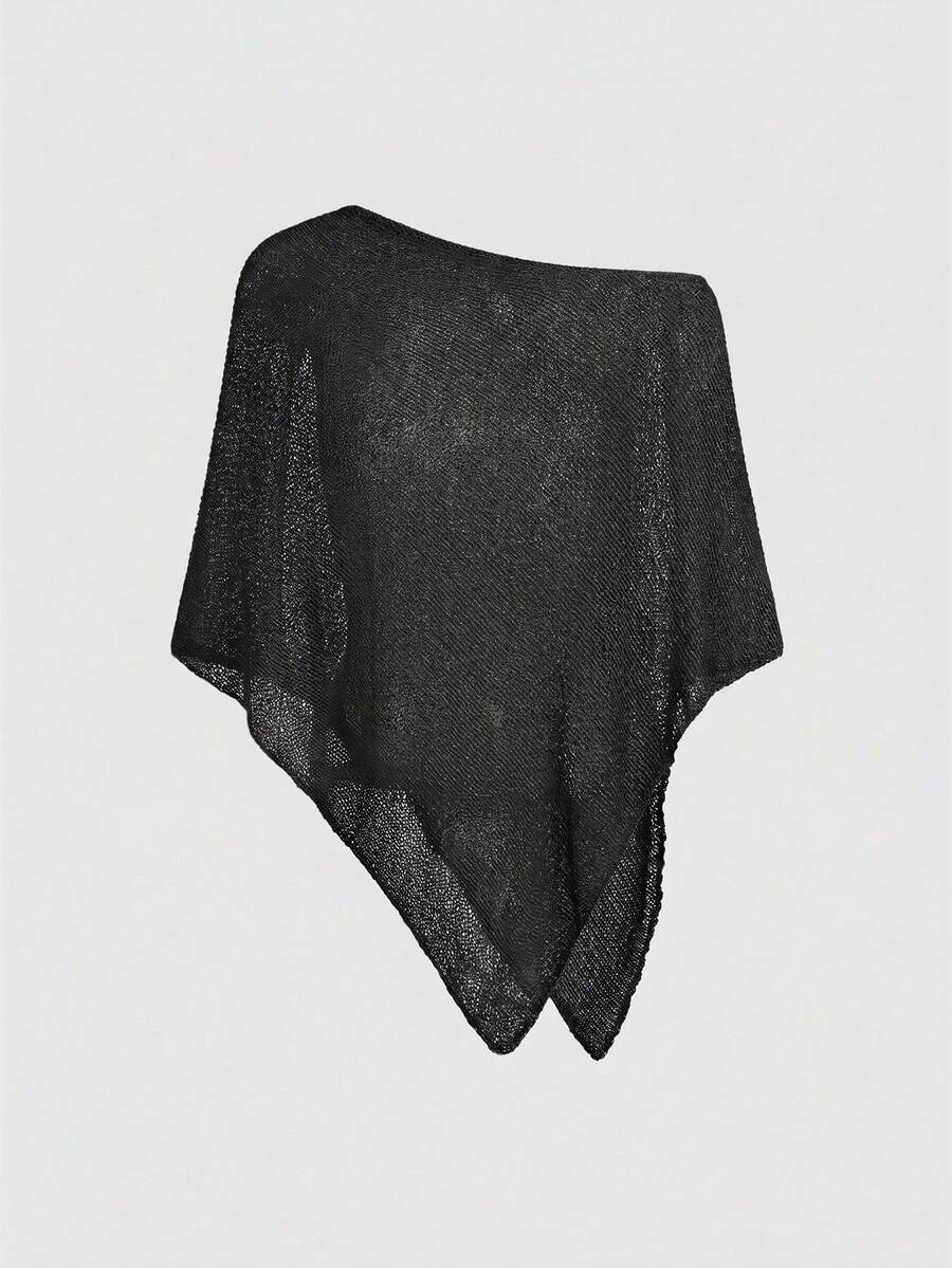 Women's casual hollow knit poncho top with boat neck, cloak sleeves, and asymmetrical hem