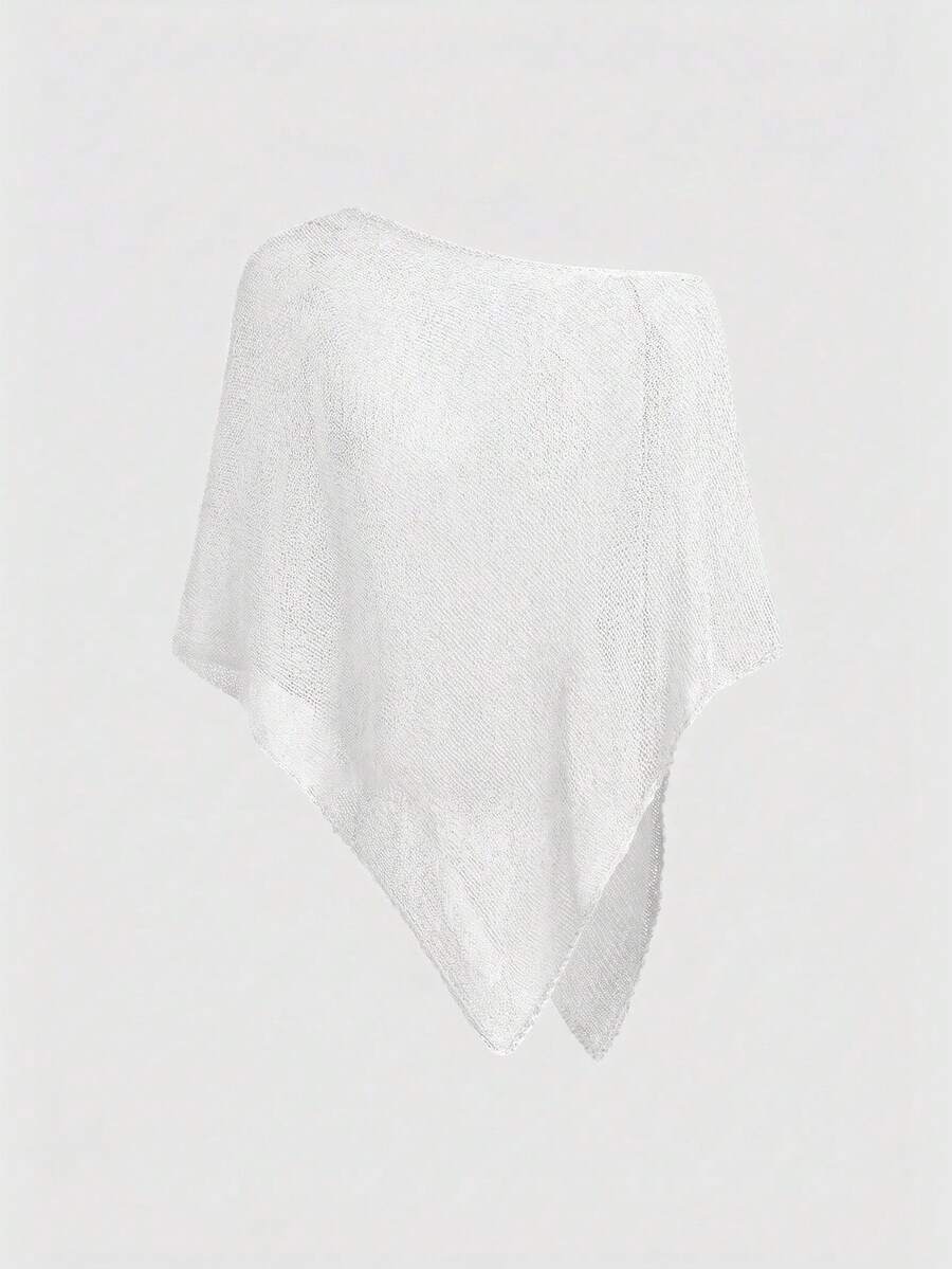 Women's casual hollow knit poncho top with boat neck, cloak sleeves, and asymmetrical hem