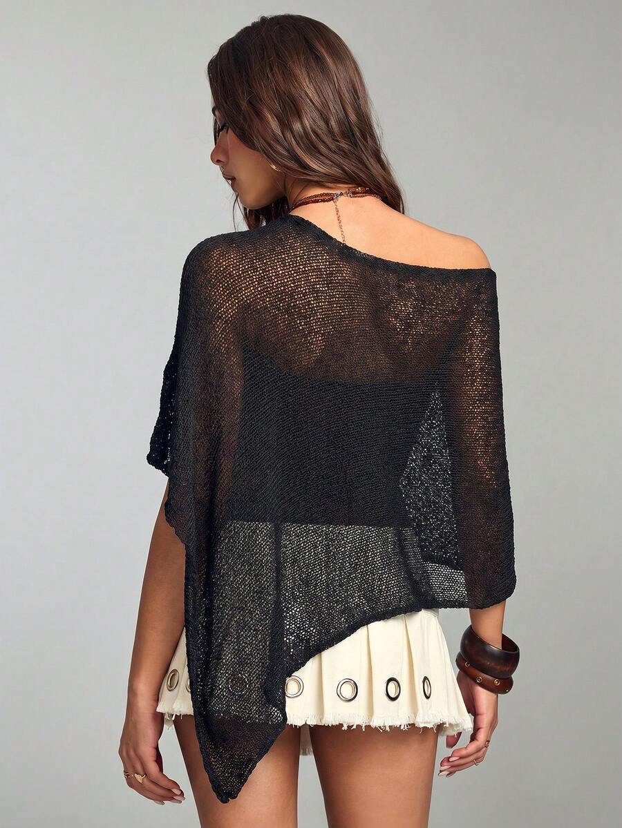 Women's casual hollow knit poncho top with boat neck, cloak sleeves, and asymmetrical hem