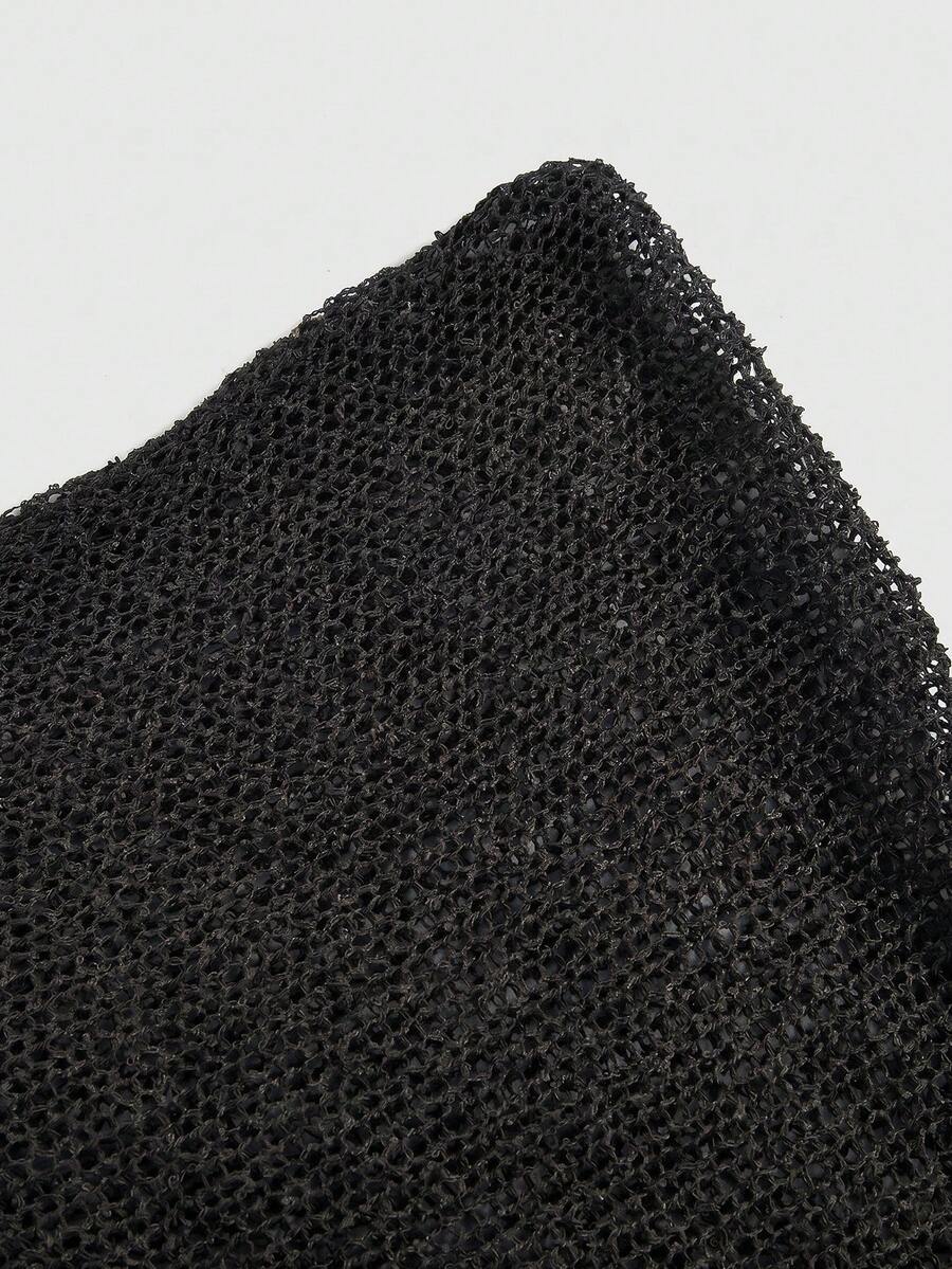 Women's casual hollow knit poncho top with boat neck, cloak sleeves, and asymmetrical hem