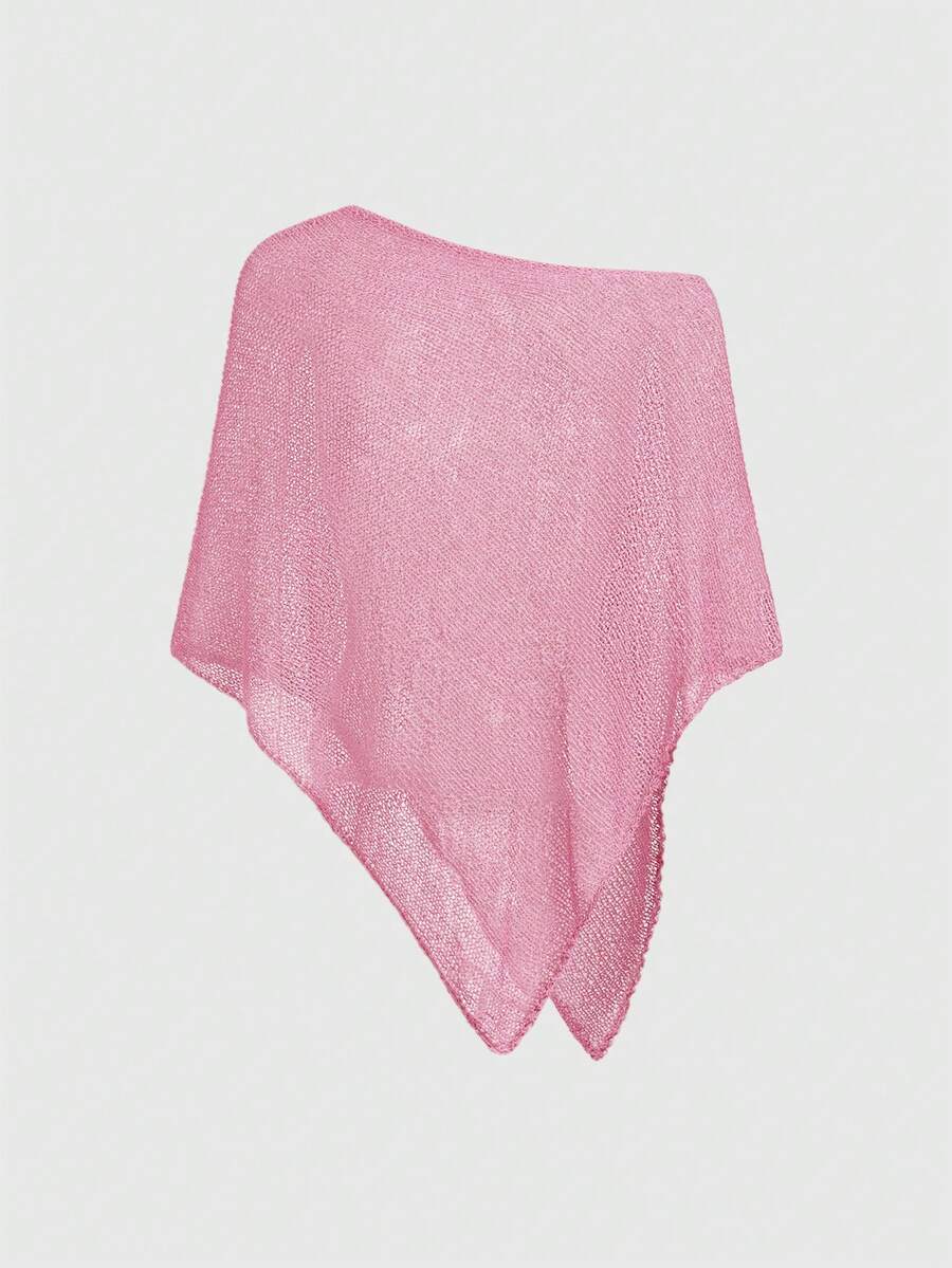 Women's casual hollow knit poncho top with boat neck, cloak sleeves, and asymmetrical hem
