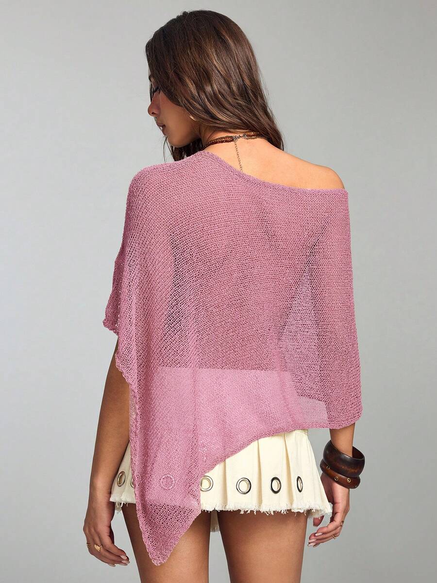 Women's casual hollow knit poncho top with boat neck, cloak sleeves, and asymmetrical hem