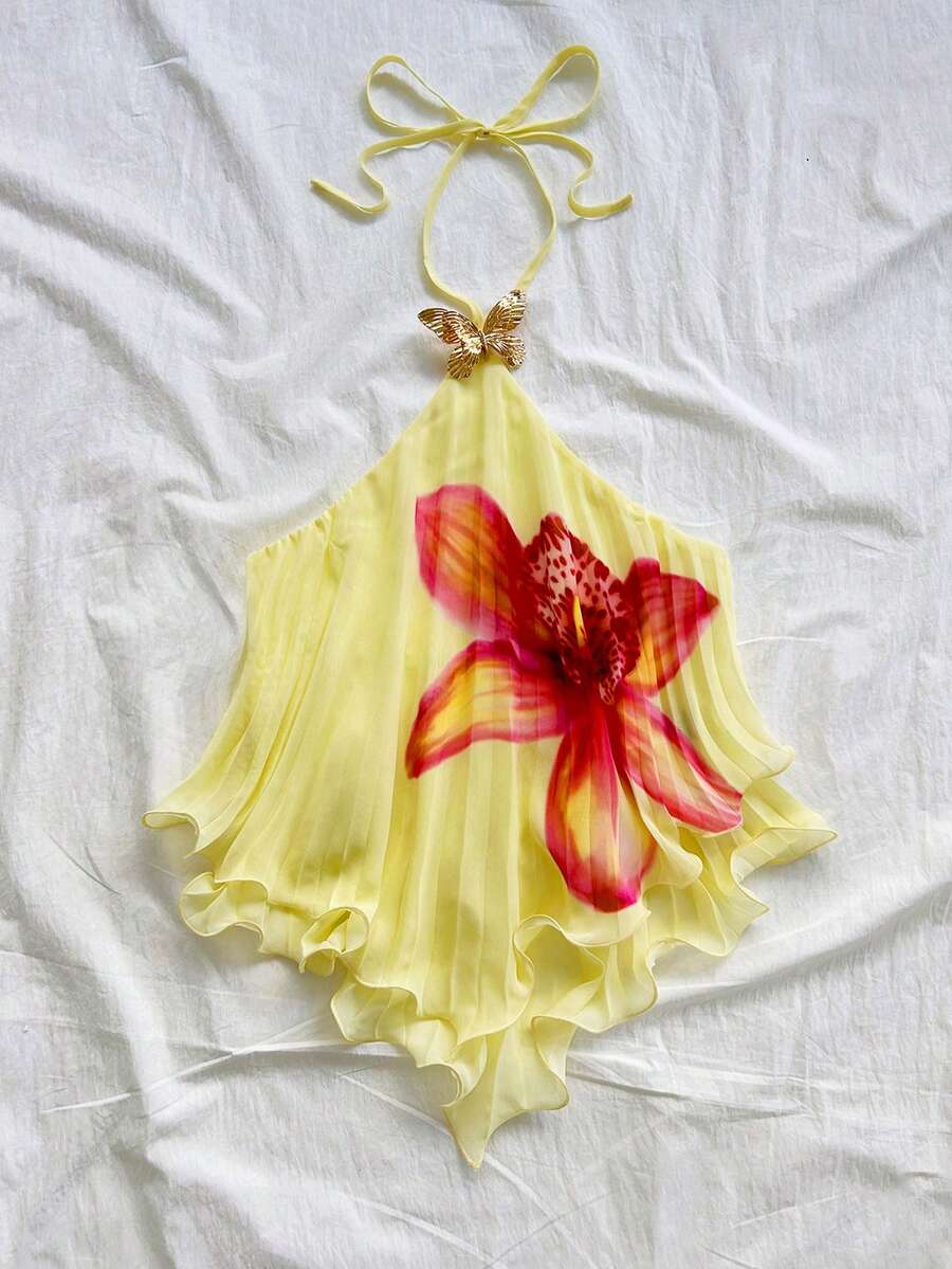 Women's gradient halter top with draped neck, butterfly metal accent, backless cut, and asymmetrical hem