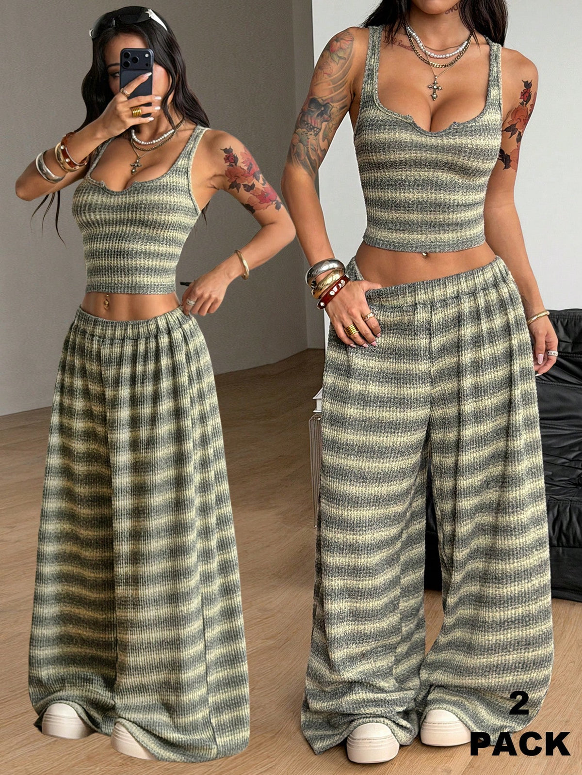 Women's two-piece casual outfit featuring a slim-fit camisole tank top with ruffle trim and button front paired with high-waisted wide leg pants.