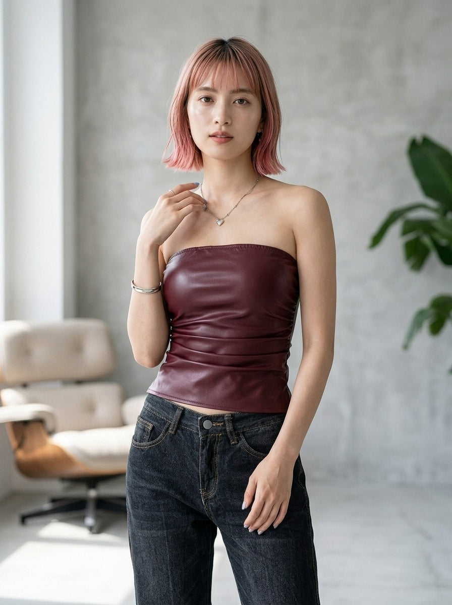Petite women's burgundy PU leather strapless crop tube top featuring ruched details.