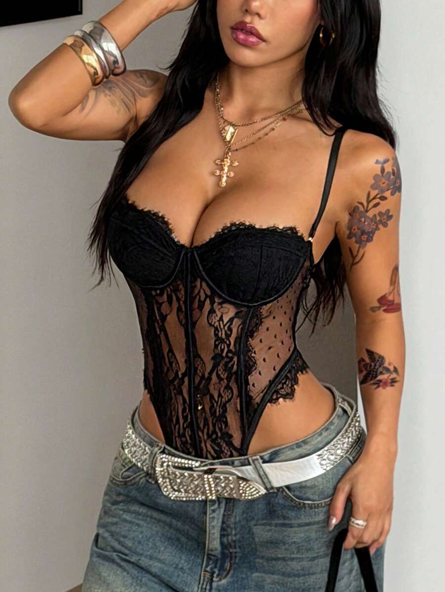 Fitted women's lace and mesh cami bodysuit with spaghetti straps.