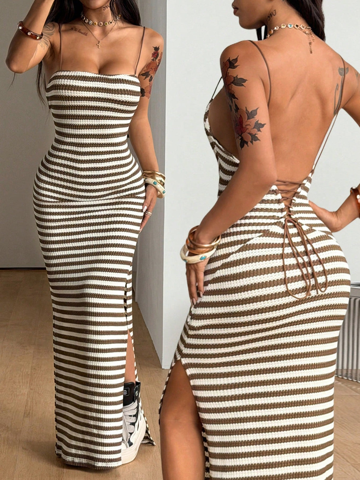 Women's backless cami midi dress in dark grey knit fabric featuring spaghetti straps, lace-up back design, and a split thigh slit.