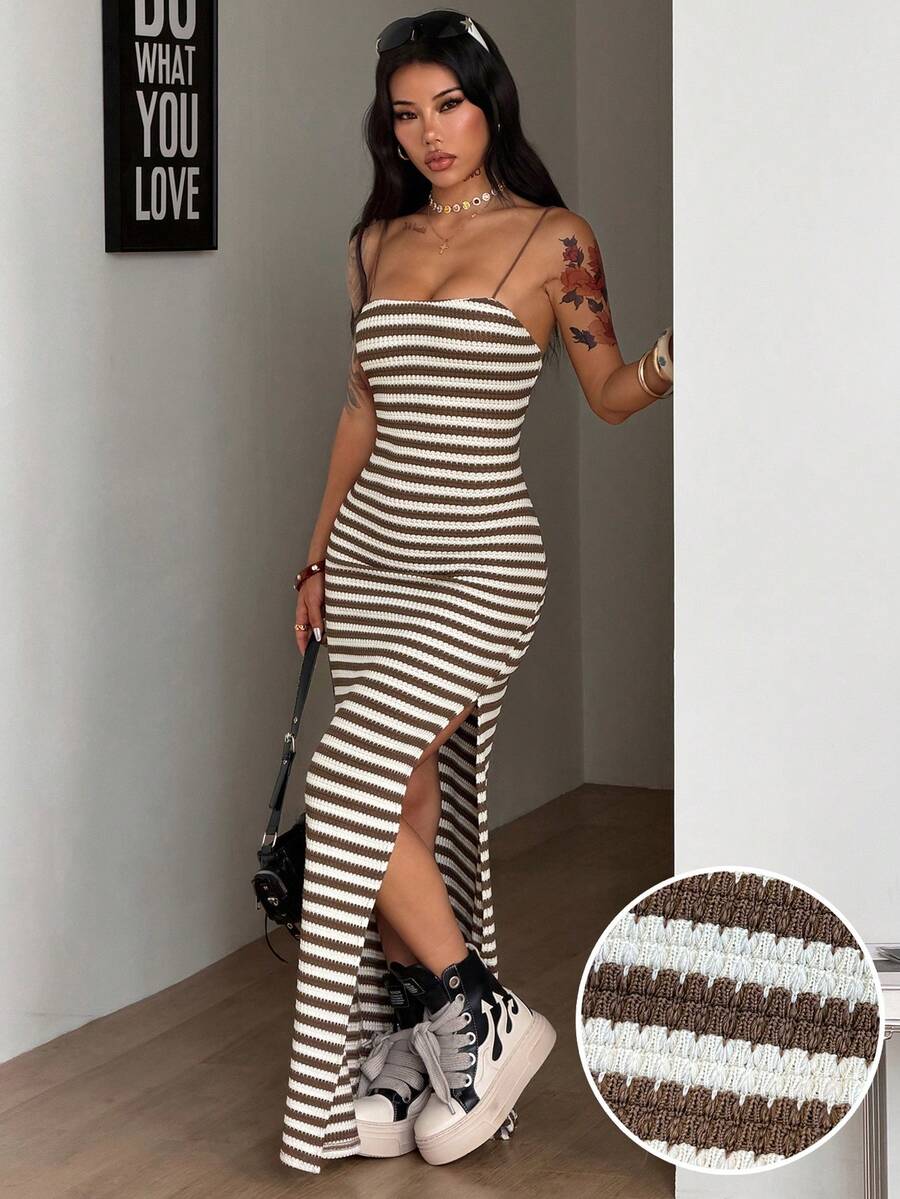 Women's backless cami midi dress in dark grey knit fabric featuring spaghetti straps, lace-up back design, and a split thigh slit.