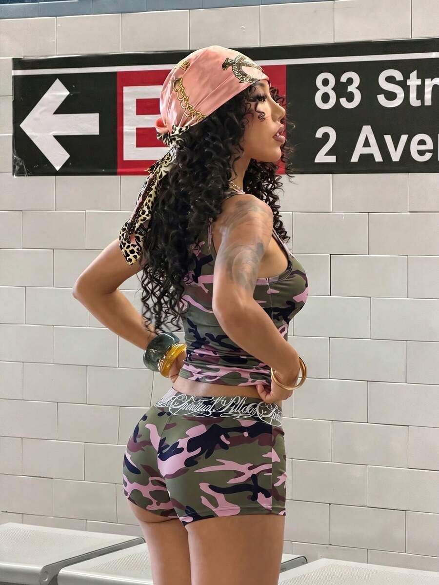 Women's Halloween print two-piece outfit with scoop neck camisole top and matching short biker track shorts in a slim fit