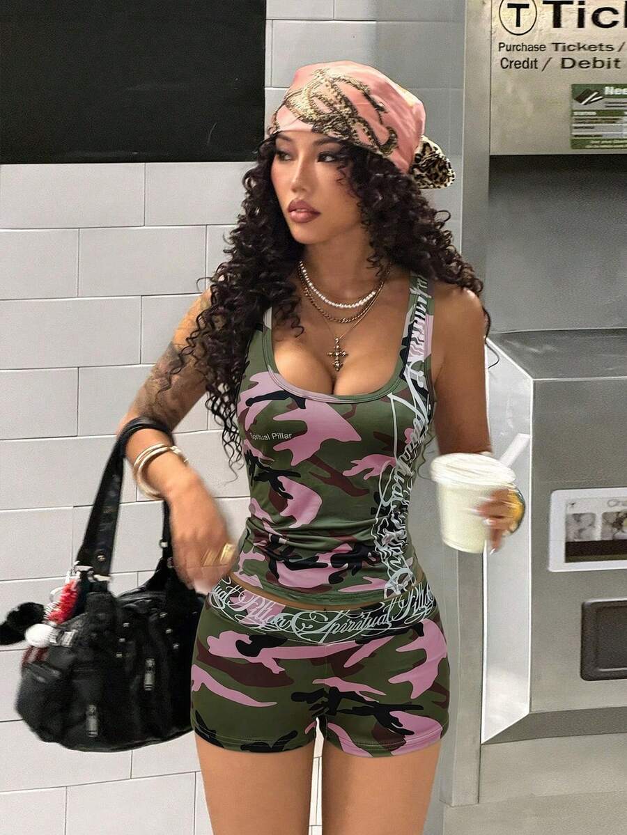 Women's Halloween print two-piece outfit with scoop neck camisole top and matching short biker track shorts in a slim fit