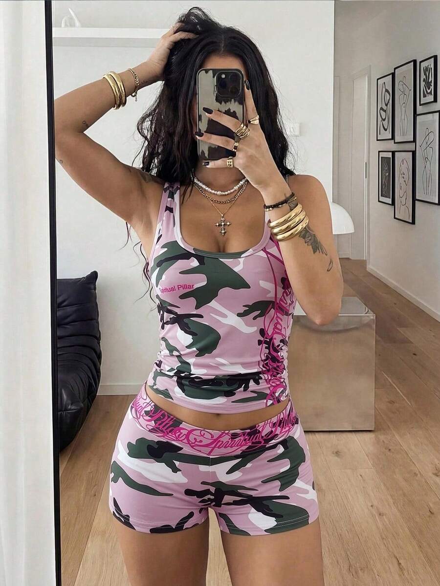 Women's Halloween print two-piece outfit with scoop neck camisole top and matching short biker track shorts in a slim fit