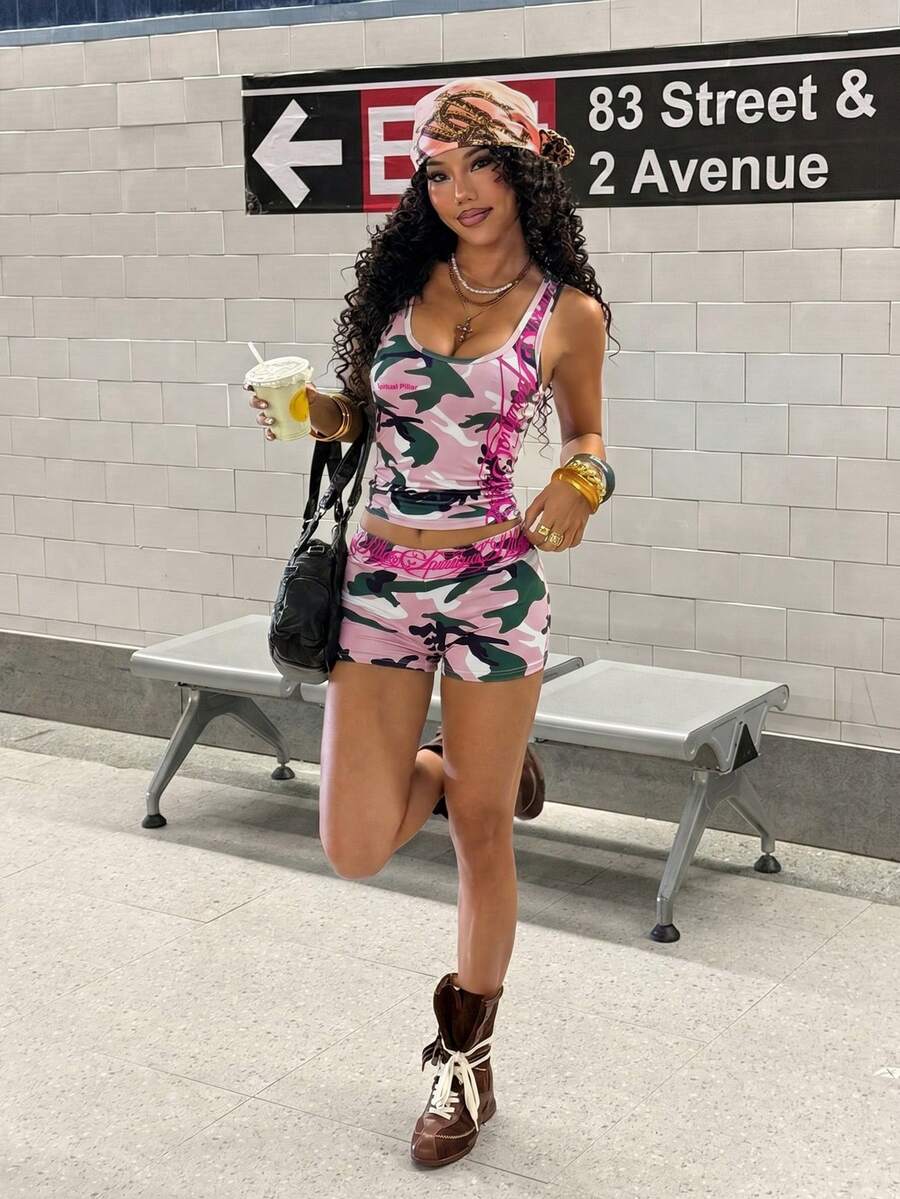 Women's Halloween print two-piece outfit with scoop neck camisole top and matching short biker track shorts in a slim fit
