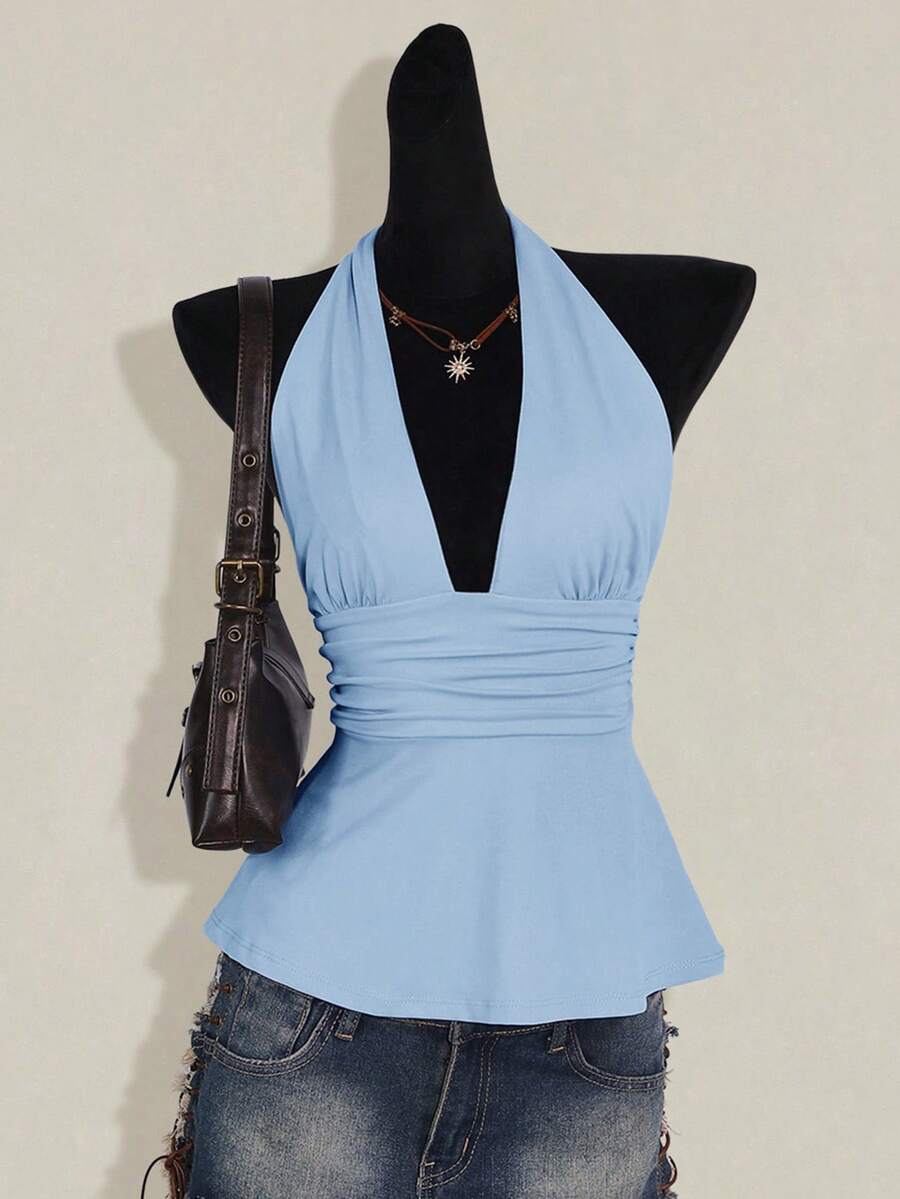 Women's backless halter babydoll tank top featuring a square neckline, slim fit silhouette, and a flared ruffle hem.