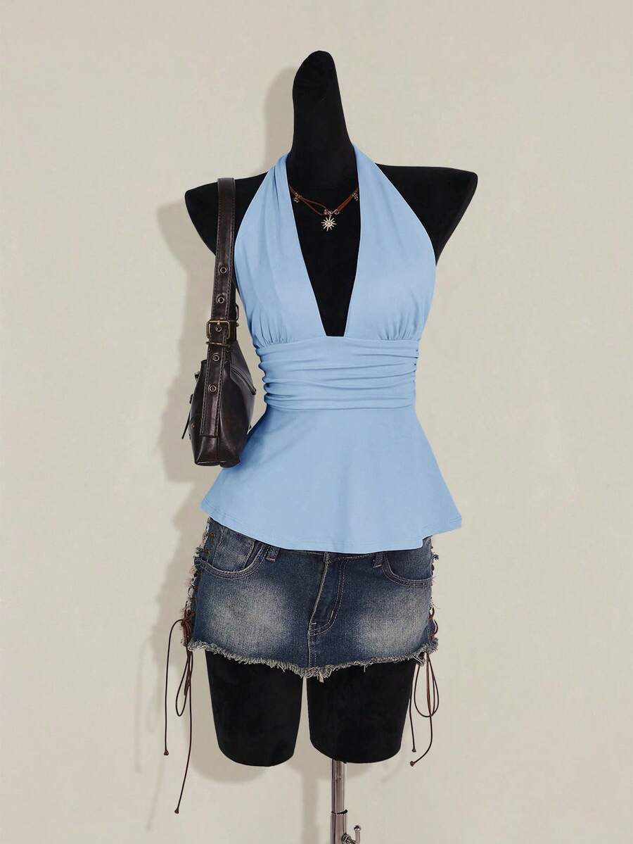 Women's backless halter babydoll tank top featuring a square neckline, slim fit silhouette, and a flared ruffle hem.
