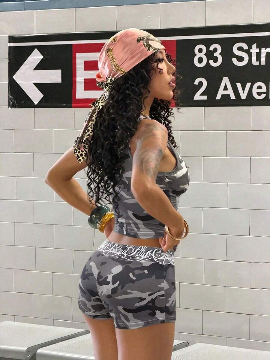 Women's Halloween print two-piece outfit with scoop neck camisole top and matching short biker track shorts in a slim fit
