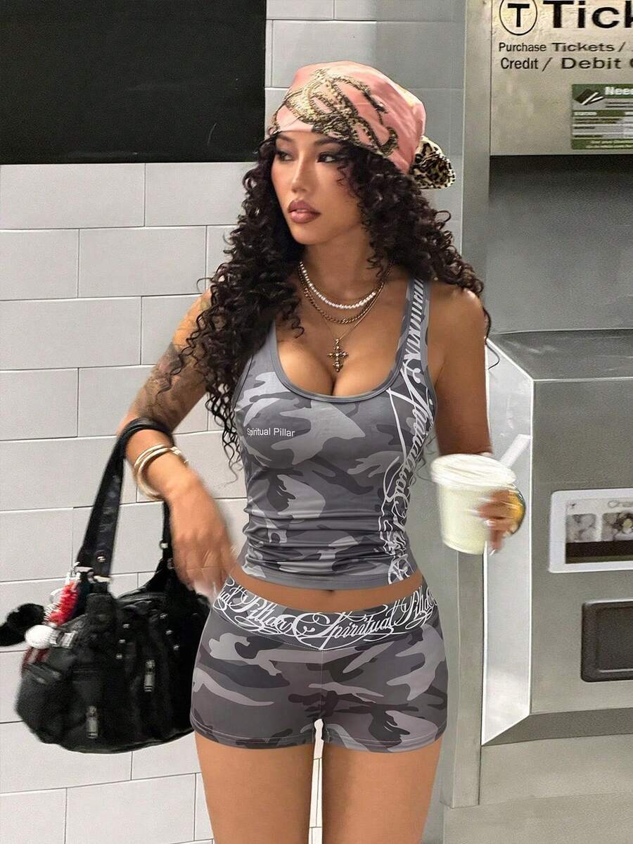 Women's Halloween print two-piece outfit with scoop neck camisole top and matching short biker track shorts in a slim fit