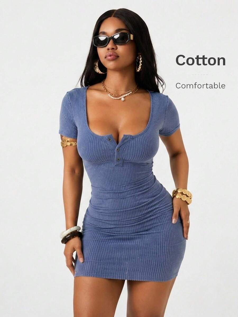 Front view of a women's short sleeve rib knit mini dress with a scoop neck and button-down front in a slim bodycon fit.