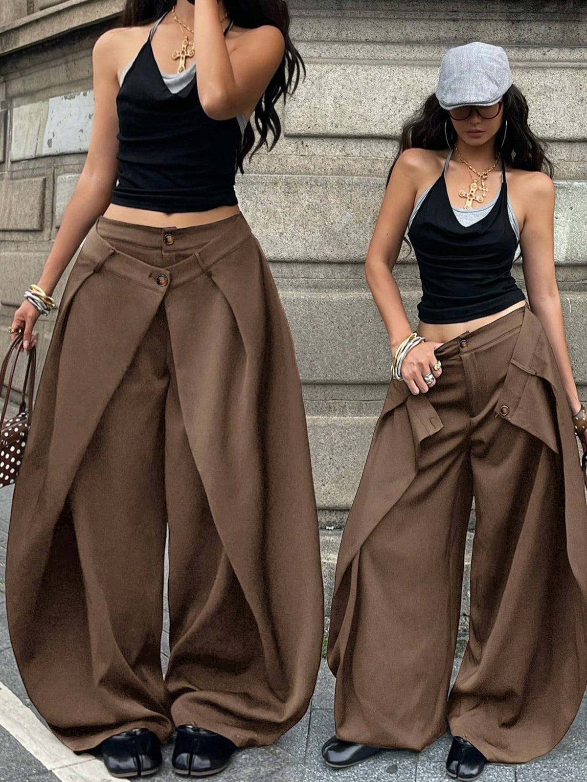 Women's loose fit pleated wide leg pants in royal blue pinstripe woven fabric with zipper fly closure.