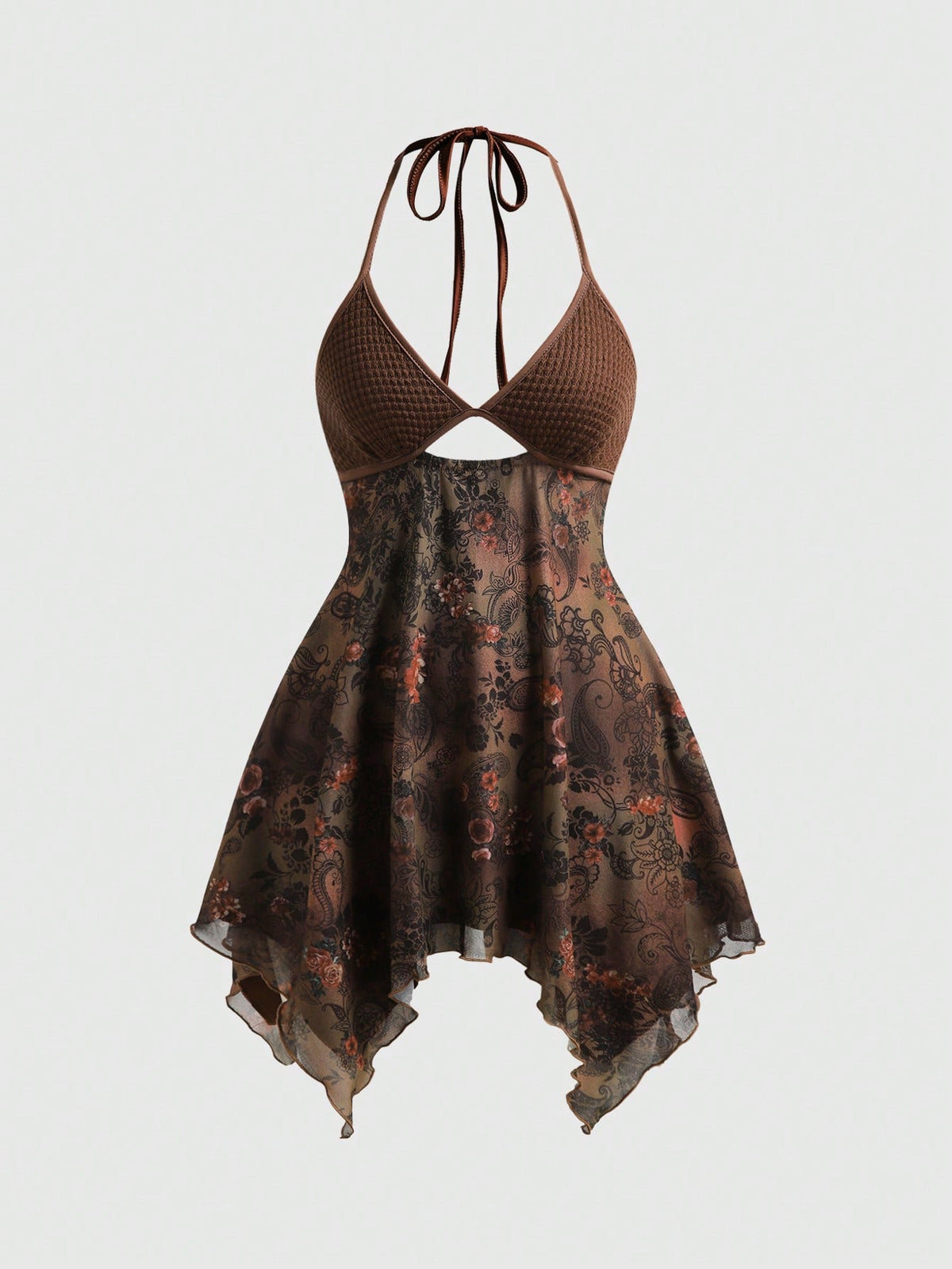 Women's brown floral boho mini cami dress with spaghetti straps, contrast lace detail, slim fit, high waist, and asymmetrical hem.